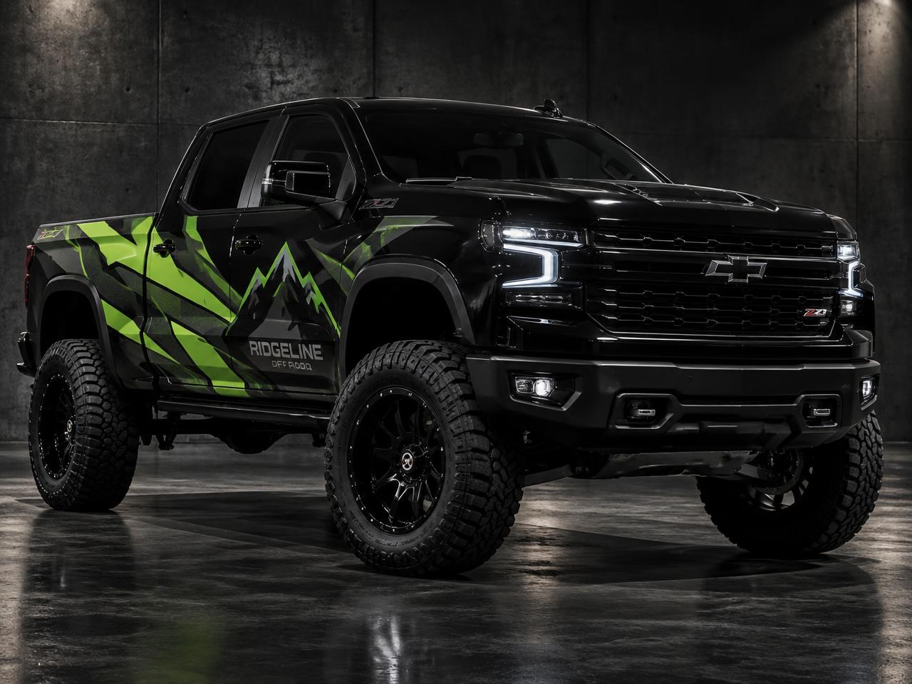 Black pickup truck with lime green vehicle graphics design concept